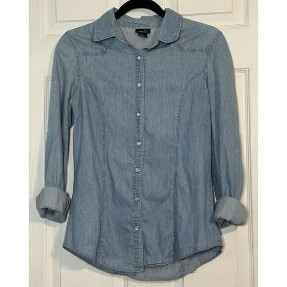 rue21 Tops - Rue 21 Blue Denim Look 100% Cotton Button Up Long Sleeve Collared Shirt, Medium